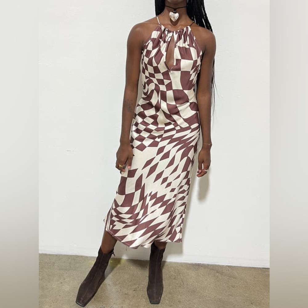 NWOT Lisa Says Gah harlequin print silk halter dress